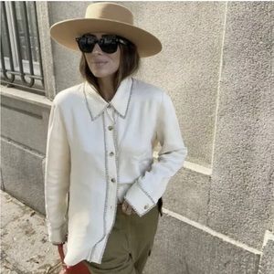 Zara NWT Jewel Shirt Natural Sparkly Crystal Beige Button down Blouse, XS